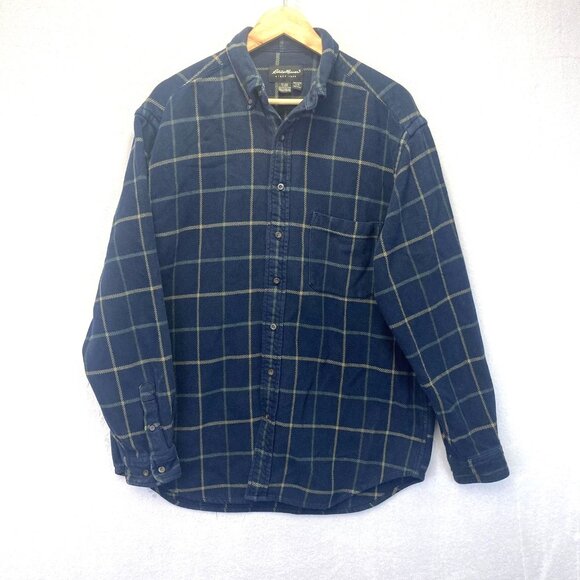 VINTAGE 90s Eddie Bauer Button Up Flannel Shirt Mens Large Tall LT Blue Plaid - Picture 1 of 14